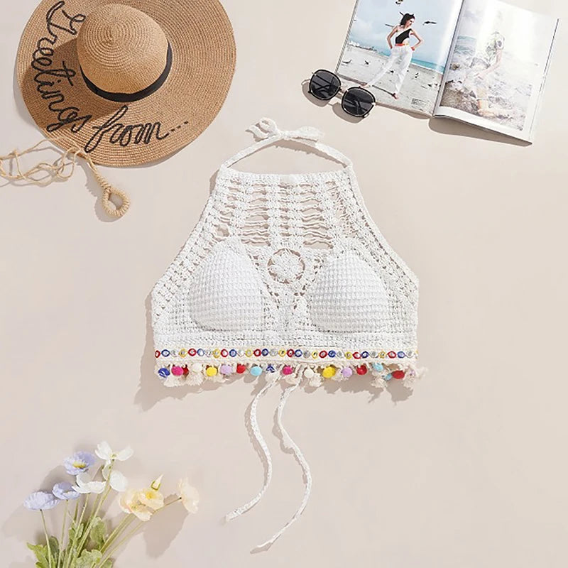 Bohemian Ethnic Style Sexy Knit Backless Short Crop Top For Women Lightweight Hollow Out Crochet Tassels Hem Halter Bras Bustier