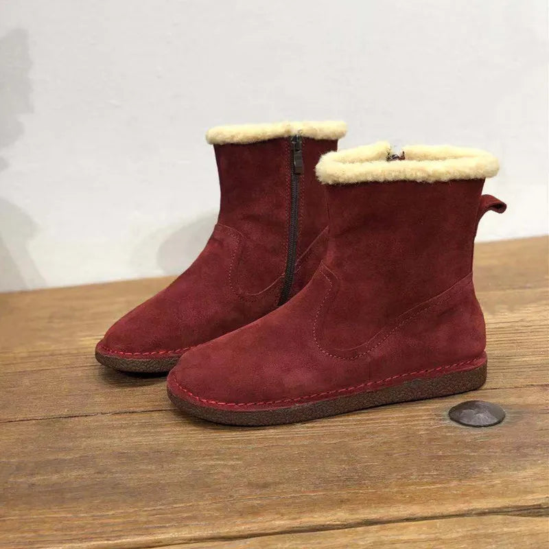Careaymade-Genuine cow leather Snow cotton round head flats woolen short boots plush warm snow boots Oversized shoes size 35-43