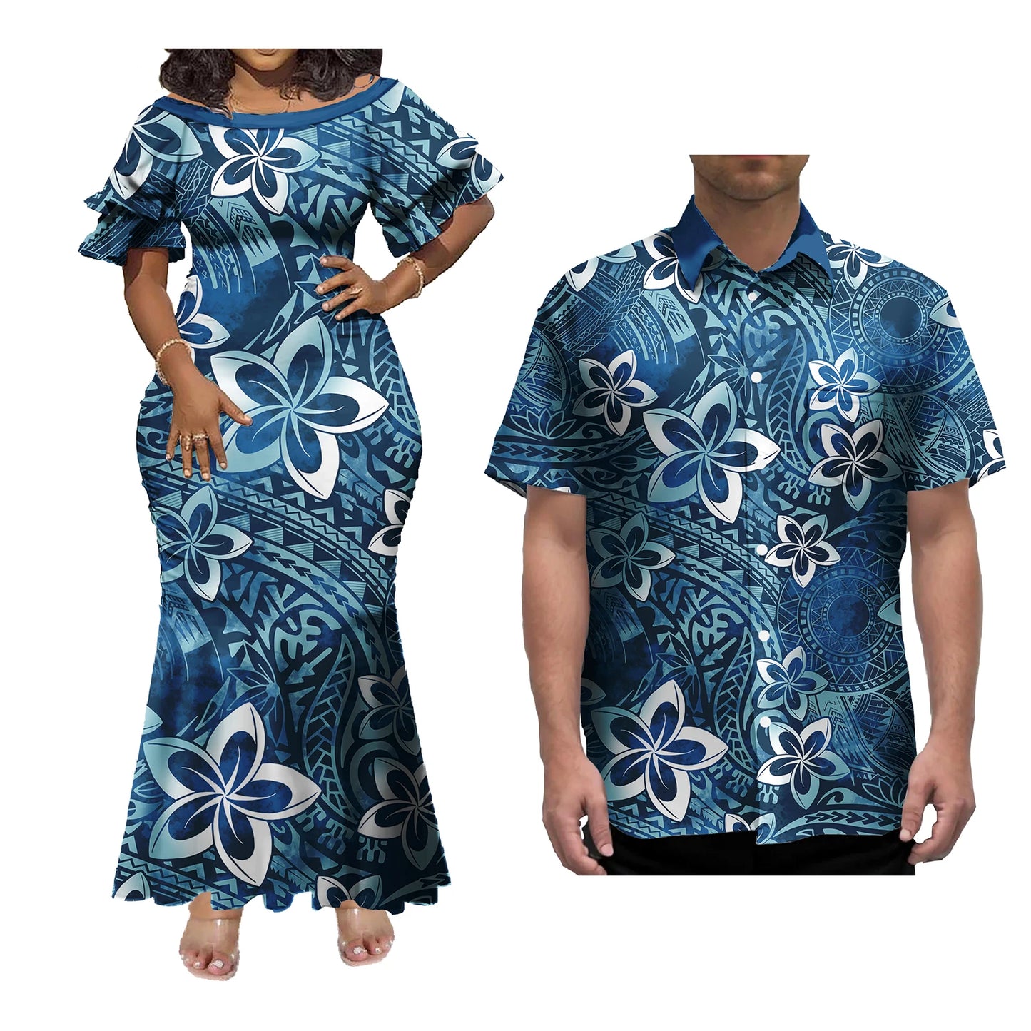 Mermaid Dress And Buttons Shirt Polynesian Couple 2 Pcs Set Plus Size Party Samoan Puletasi Matching Couple Outfits