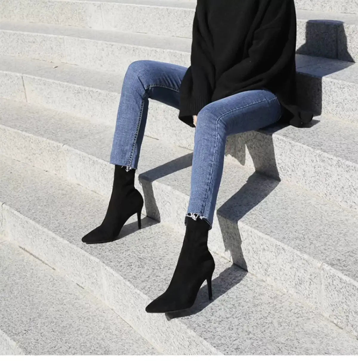 Comemore 2021 Autumn Winter High Heel Women's Shoes Pointed Toe Stiletto Ankle Boots Stockings Black Girls' Socks Boots Dress 34