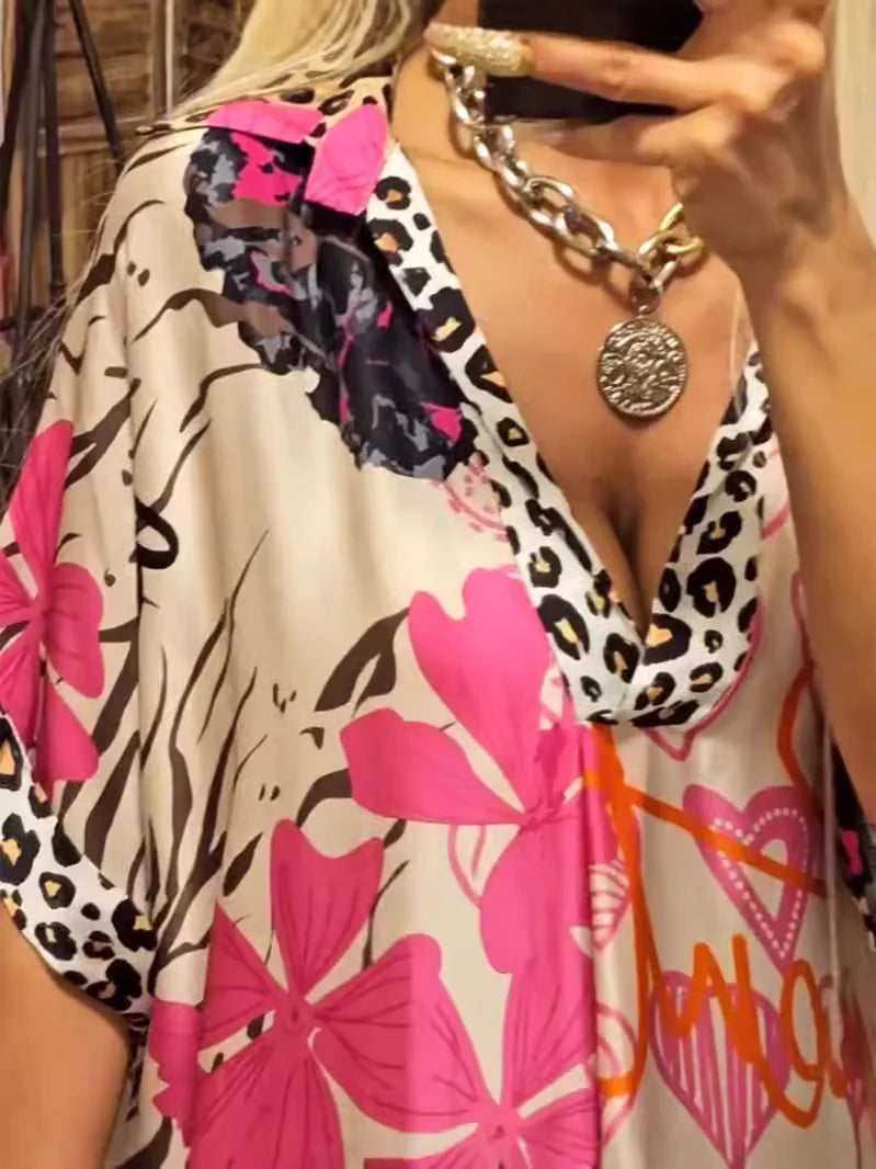 Leopard Print Shirt Dress Women Loose V Neck Summer Mid Calf Polyester
