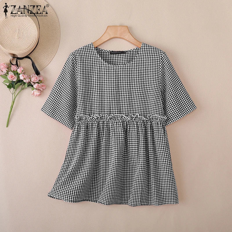 2025 ZANZEA Women Plaid Checked Blouse Summer Casual O Neck Short Sleeve Blusas Loose Tops Stylish Ruffled Work Shirt Oversize