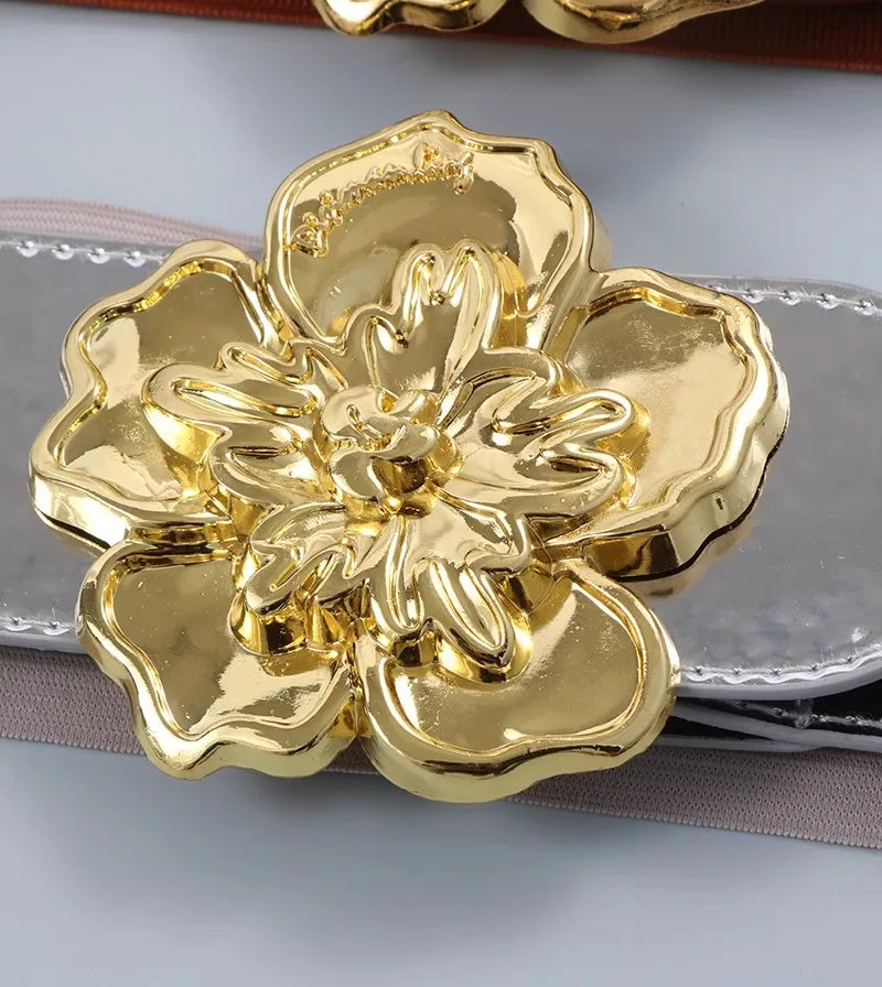 Women's Fashion Flower Buckle PU Leather Elastic  Corset Female Cummerbund Coat Waistband Dress Decration Wide Belt  J088 BAZAARHUBO