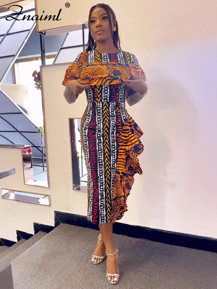 Znaiml African Festival Print Dresses Elegant Women Summer Short Sleeve Ruffles Bodycon Midi Dress Fashion Vacation Party Robe
