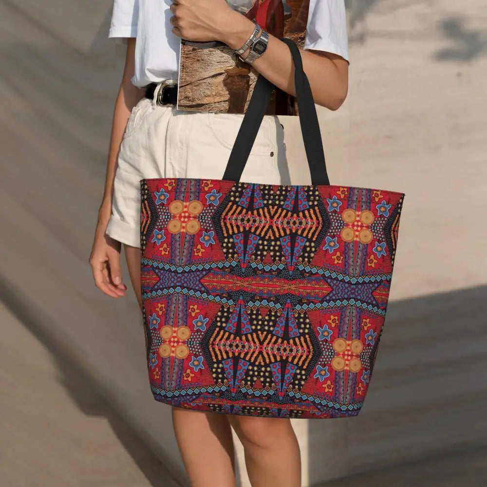 African Ankara Prints Grocery Shopping Tote Bags Women Geometric Ethnic Art Canvas Shoulder Shopper Bags Big Capacity Handbag