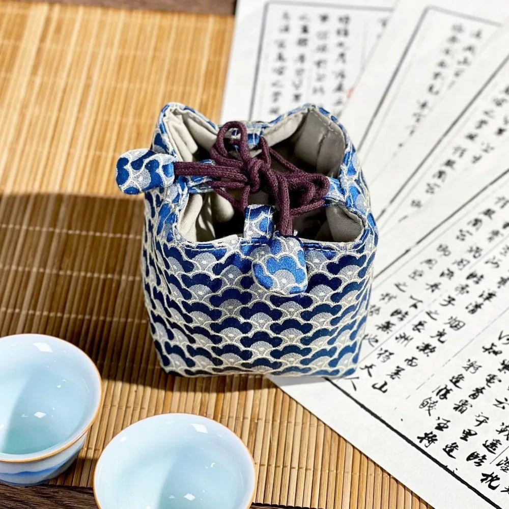 Chinese Style Tea Set Organizer Bag Embroidered Breakage-proof Teacup Drawstring Cloth Pouch Tea Ceremony Accessories