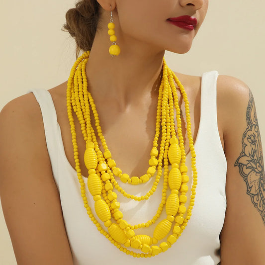 Colorful African Style Multi-Layer Wooden Bead Jewelry Sets Chokers Necklace Colorful Bohemian Necklace Earrings Set Party Jewel