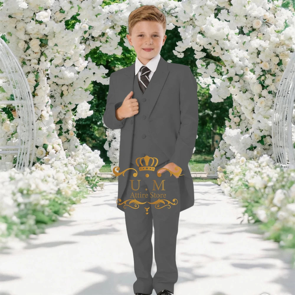 Custom Boys' 3-Piece Tuxedo Set Long Jacket Black Vest Pants Slim Fit Suit for Wedding Birthday Party Children Performances