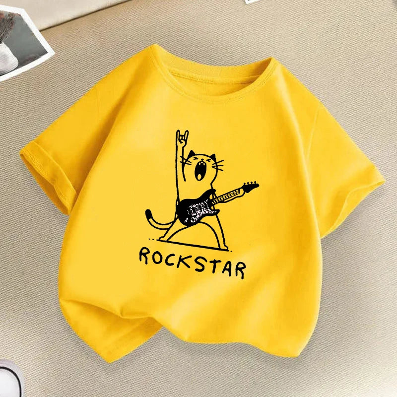 Funny Rock Star with Music Cat Children T-Shirts Summer Hip Hop Kids T-shirt Boys Girls Casual Fashion Colorful Top Tee Shirt