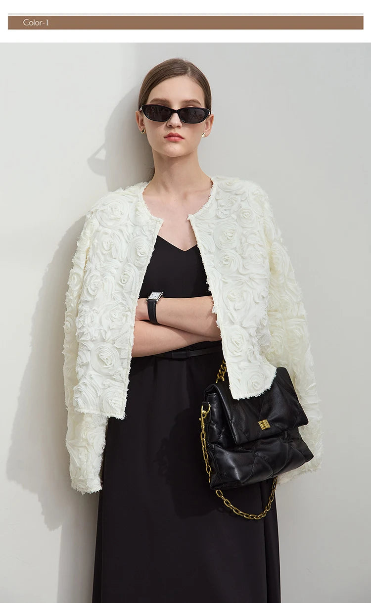 AMII Minimalism Short Jacket Women 2025 Autumn Elegant Floral O Neck Coat