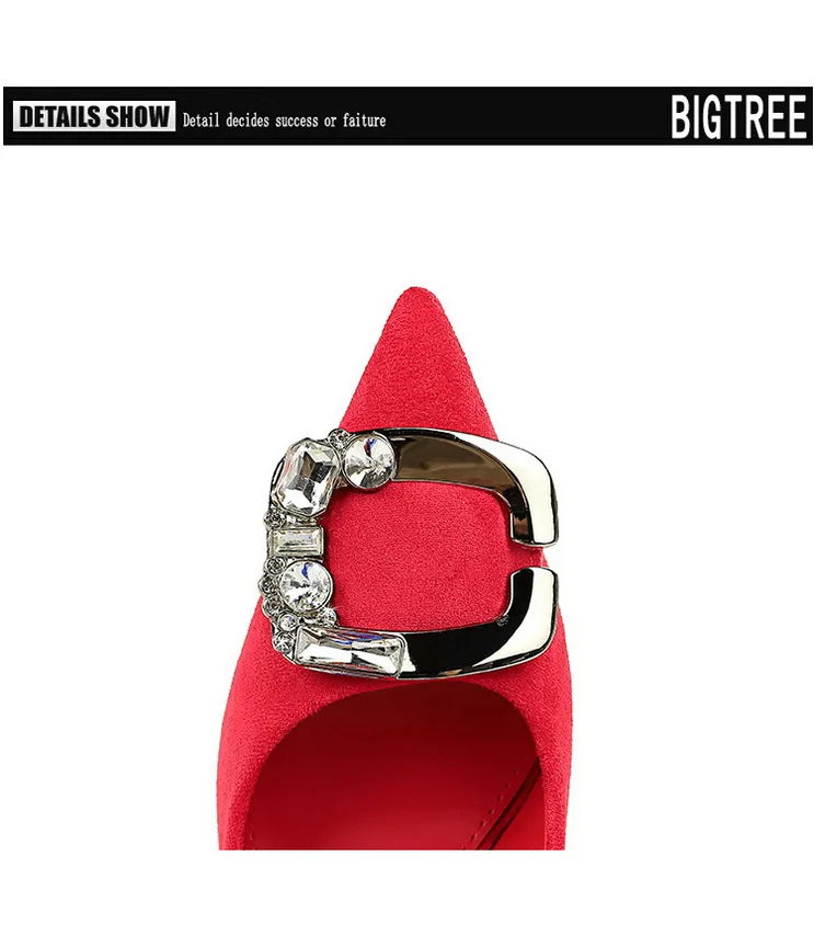 BIGTREE Shoes Metal Rhinestone Belt Buckle Women Pumps Suede High Heels Luxury Banquet Shoes Sexy Party Shoes Women Stilettos