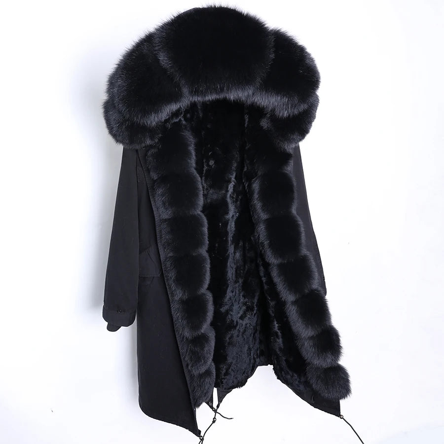 Maomaokong Winter Woman Natural Fur Overcoat Plus Size Black Parkas Raccoon Real Fur Lining Extra Larg Warm Jacket Coats Long