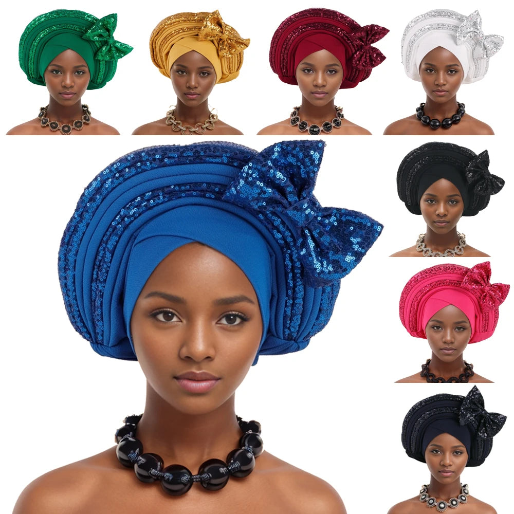 Sweet Bowknot Auto Gele Headtie for Women African Head Wraps Lady Party Headpiece Female Sequins Turban Cap