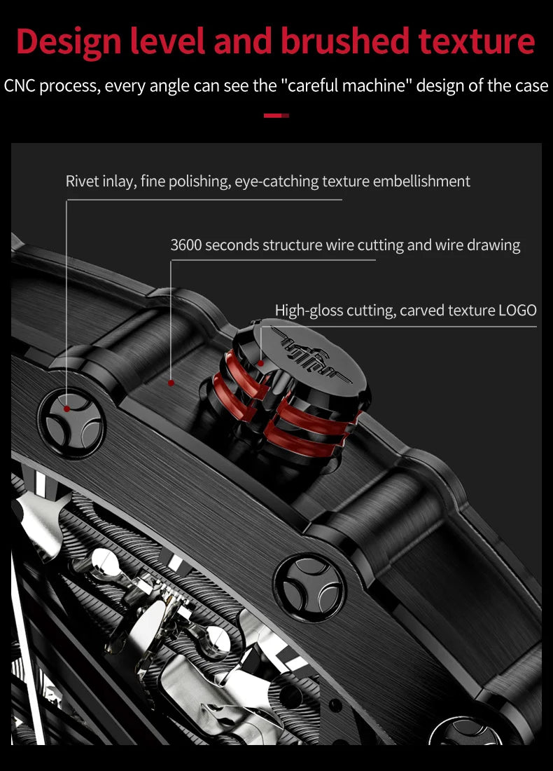OUPINKE 3179 Automatic Watches for Man Silicone Strap Sapphire Mirror Waterproof Skeleton Tonneau Mechanical Men's Wristwatches
