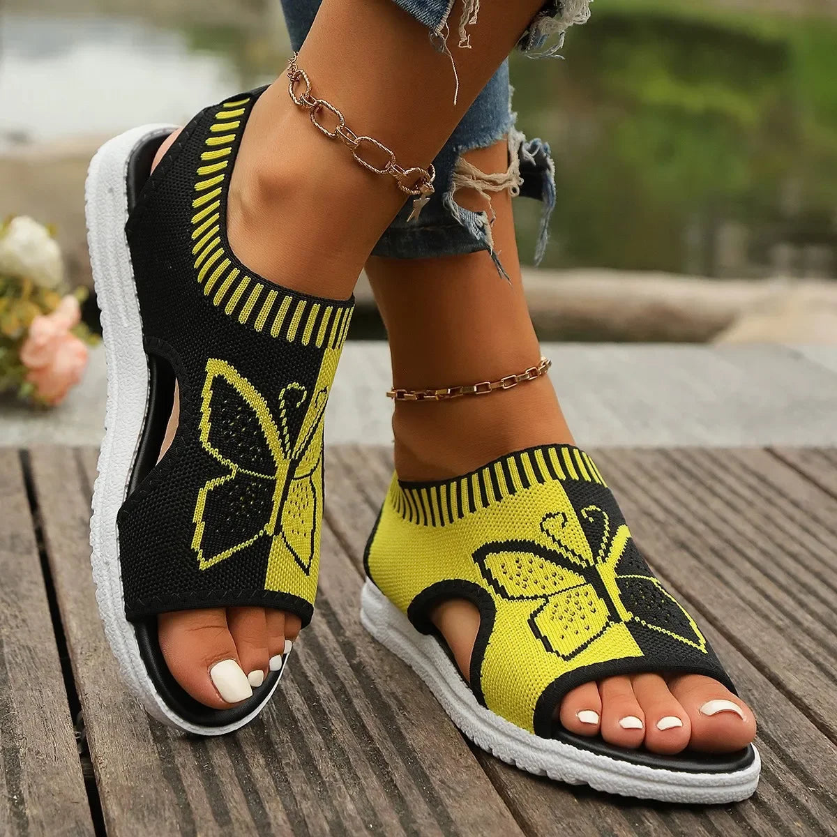Women Sandals Summer Casual Peep Toe Sandals Mesh Fashion Wedges Butterfly Non Slip Outdoor Breath Sport Sandals Sneakers