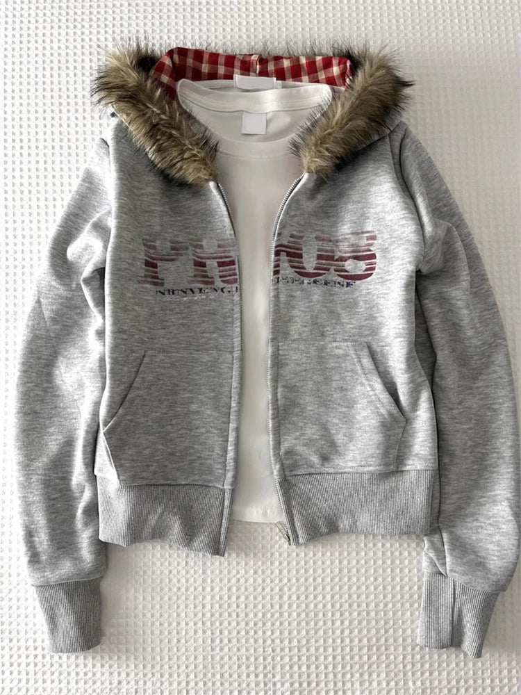 Women American Vintage Letter Print Jacket Antumn Winter Y2K Harajuku Faux Fur Hooede Hoodie Sweet Fashion Hot Girl Sweatshirt BAZAARHUBO
