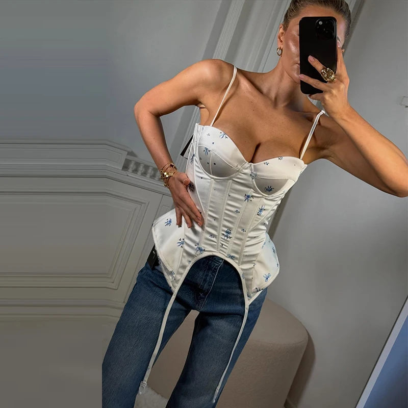 Sexy Print Fishbone Sling Tops Women Bandage Ribbon Patchwork Fitted Corset Female 2026 Summer New Chic Evening Party Tanks Lady