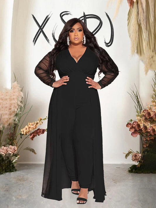 2 Piece Sets Women Outfit Mesh Lace Sleeves Elegant Pants and Blouse Set Sexy Curve Plus Size Clothes Wholesale Dropshipping