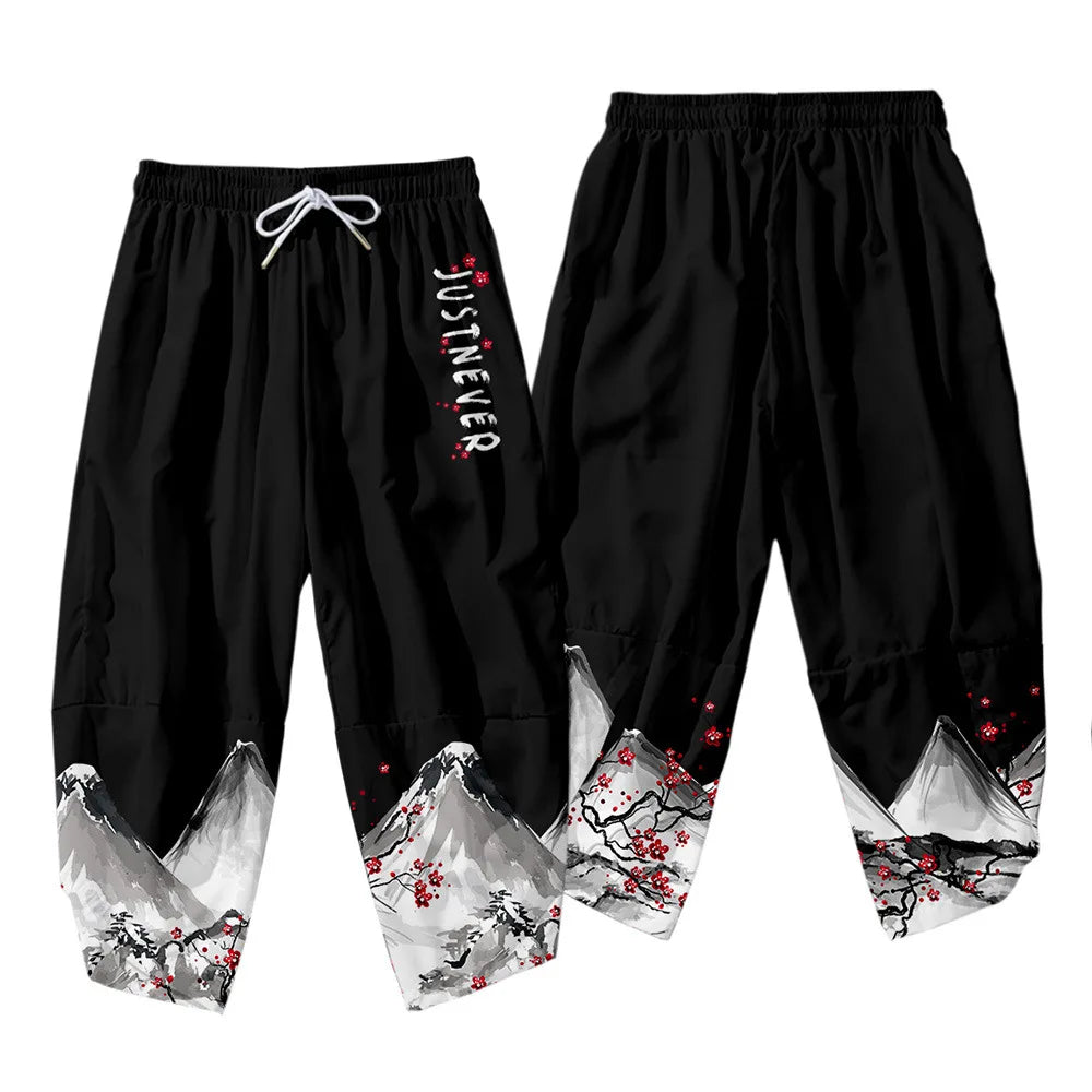 Men Yukata Style Harajuku Cardigan Traditional Japanese Great Wave of Kanagawa Crane Printed Trousers Asian Costume Kimono Pants