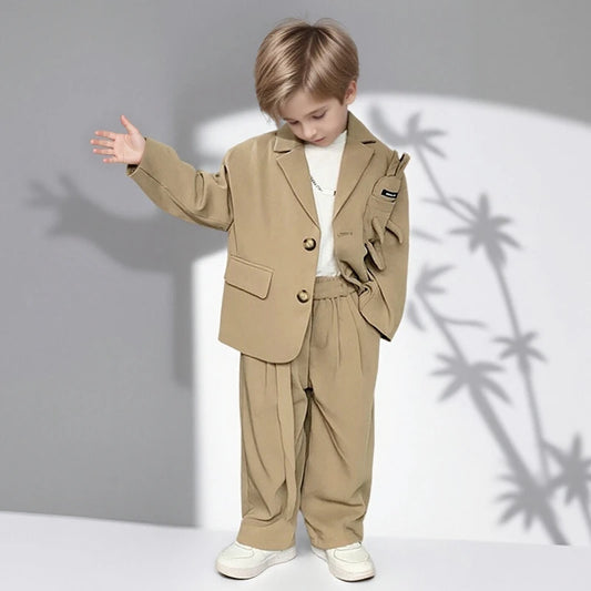 Kids Suits Fashion Casual Blazers Wide-legged Trousers 2 Piece Girls Clothes Set Khaki Loose Children Wedding Birthday Costumes