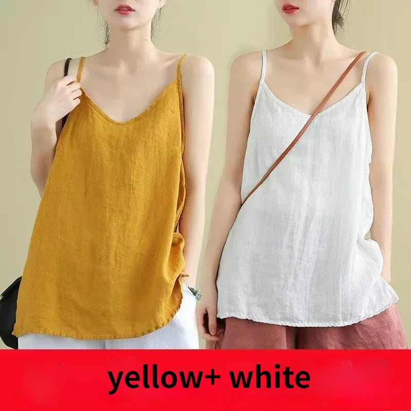 Women's Summer Top Cotton Linen Spaghetti Strap Top Women Halter V Neck Basic Yellow Sleeveless Tank Tops Loose Casual Camis