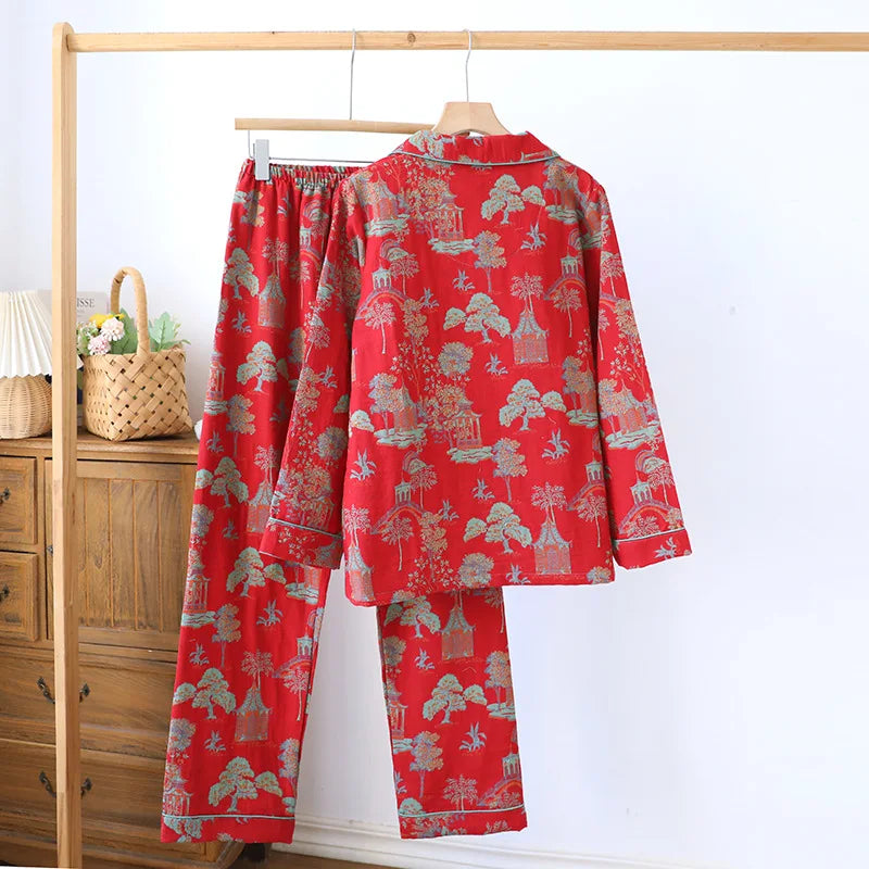 Cotton Jacquard Women's Pajamas Set for Spring and Autumn Retro Color Woven Home Clothes Long Sleeved Pyjamas Women