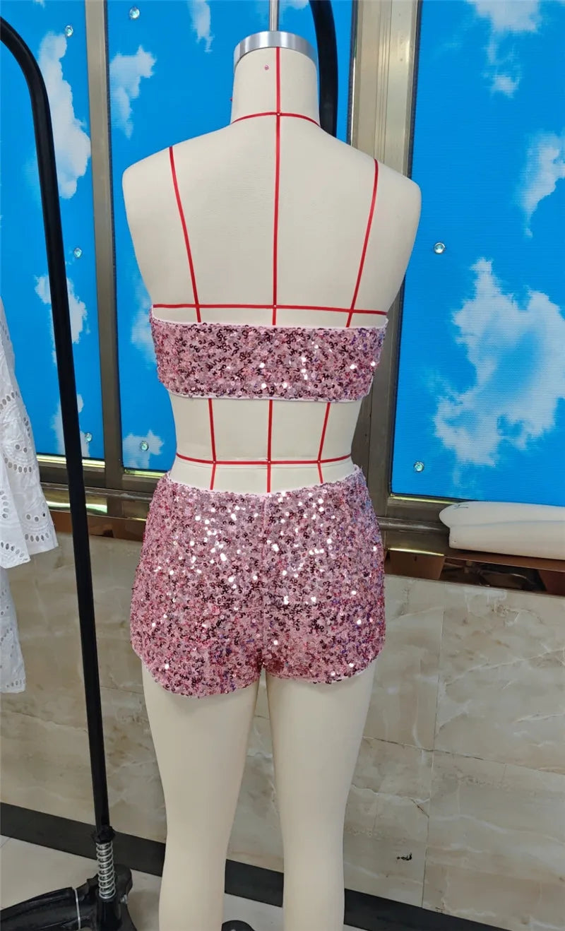 Women Sequin Two Piece Outfit Halter Crop Top And Split Mini Skirt Club Wear