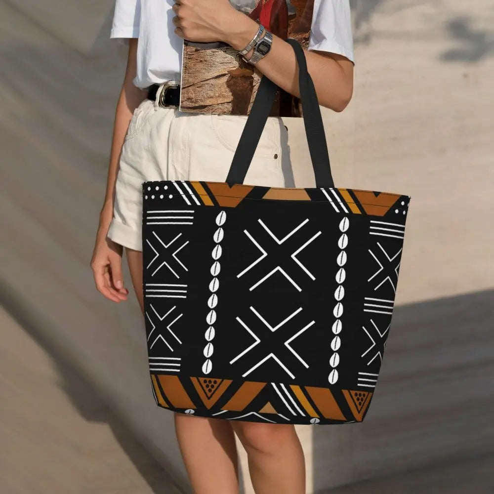 African Ankara Prints Grocery Shopping Tote Bags Women Geometric Ethnic Art Canvas Shoulder Shopper Bags Big Capacity Handbag