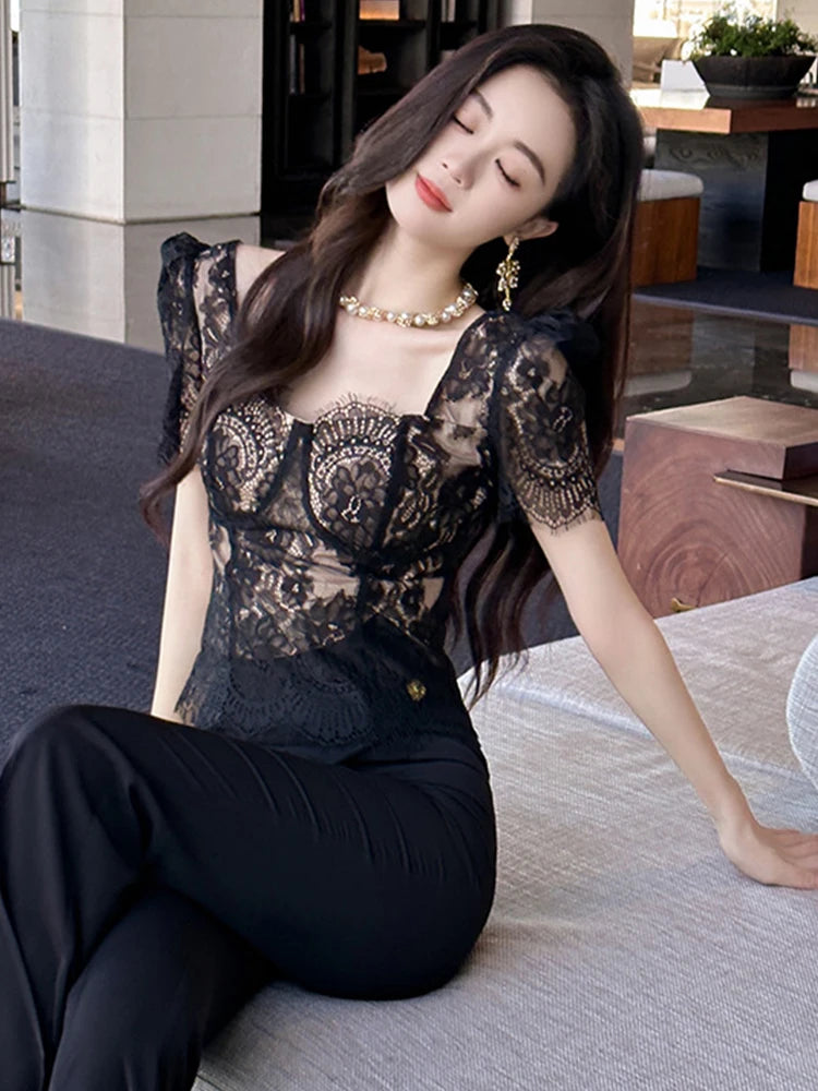 French Fashion Elegant Black Blouse Hook Floral See Through Women Tops Outfits Sheer Lace Sexy T-Shirts Tees Party Sweet Clothes