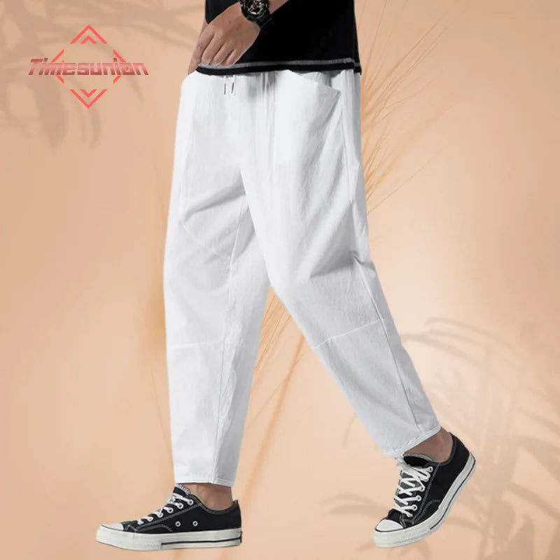 100% Cotton Men's Summer Casual Loose Pants Trendy Japanese Style Cropped Pants for plus Size Men up to 5XL