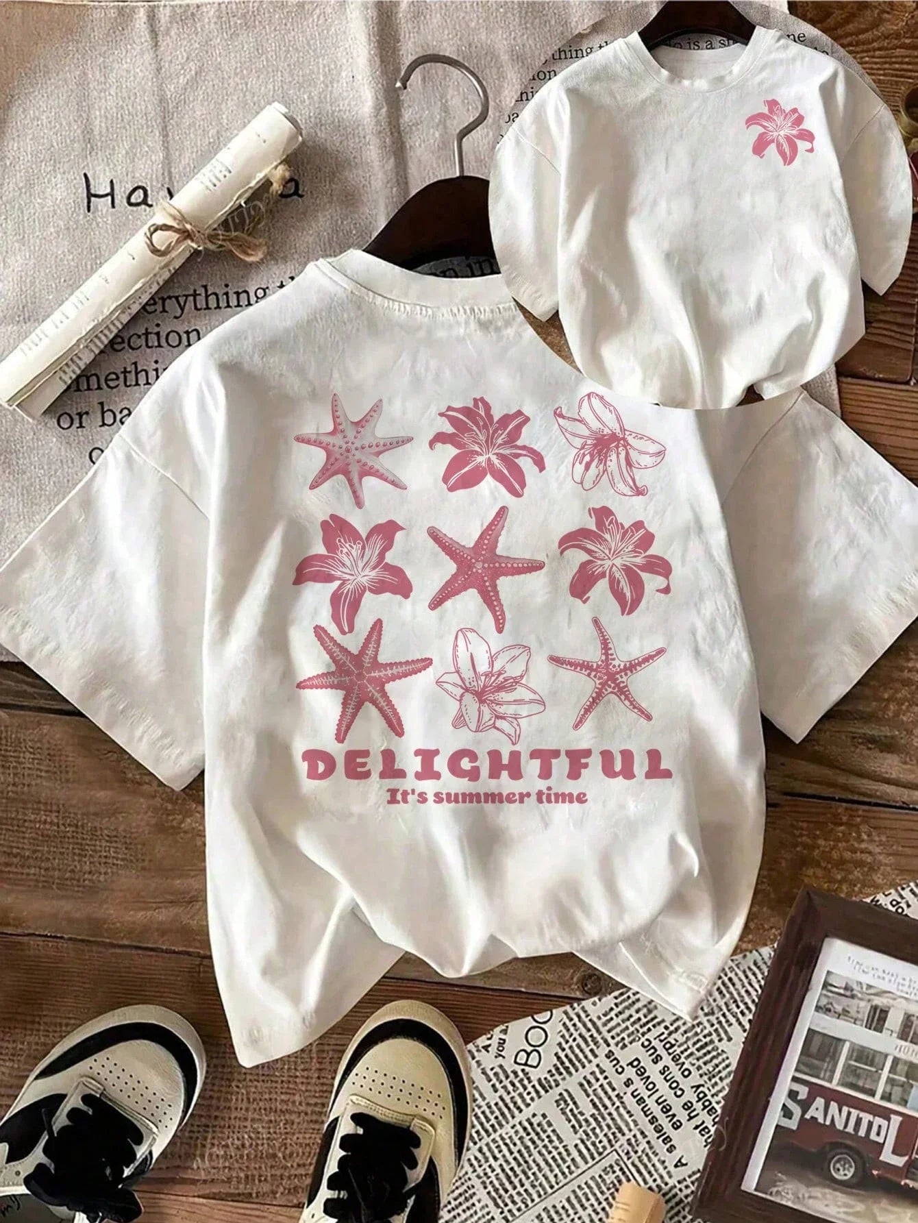Flower Starfish Letter Design Pattern Round Neck Suitable for Surfing Beach Summer Spring Short Sleeves Y2K Women Tee Short