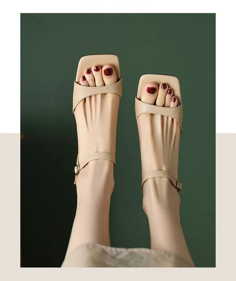 2025 Summer Sandals Women Shoes Open-Toe Thin Heel Women Sandals Split Leather Square Toe Shoes for Women High Heels Handmade