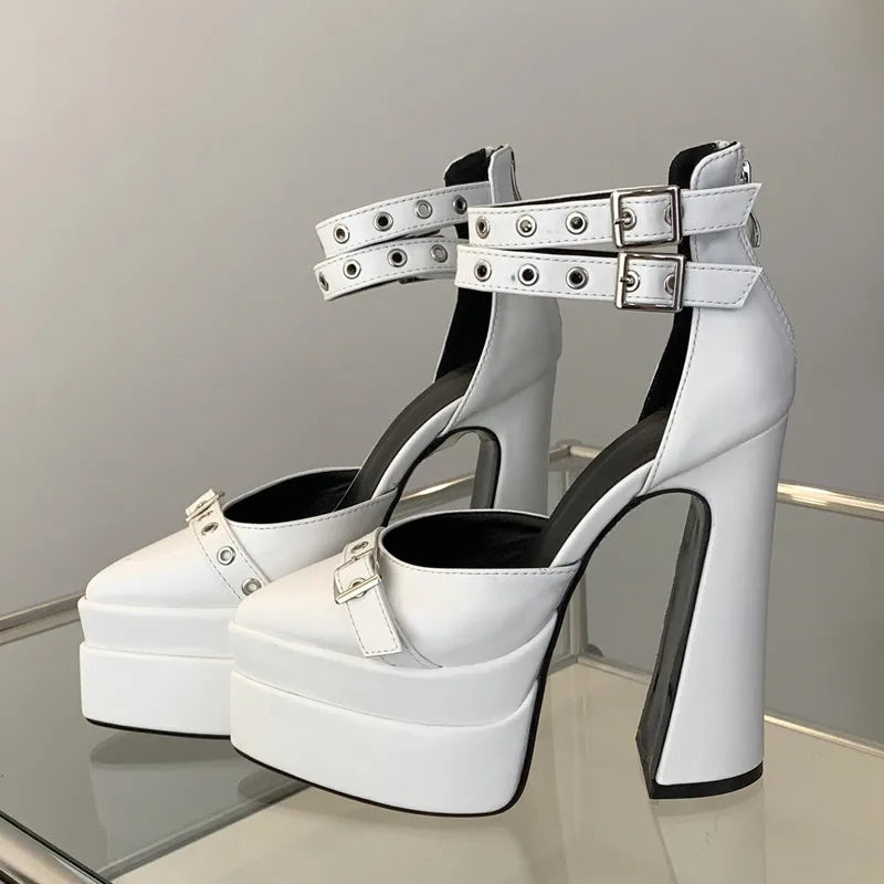 Runway style 15cm Ultra High heels Platform Wedges Women Pumps Fashion Rivet Ankle Strap Thick Heeled Spring Summer Chunky Shoes