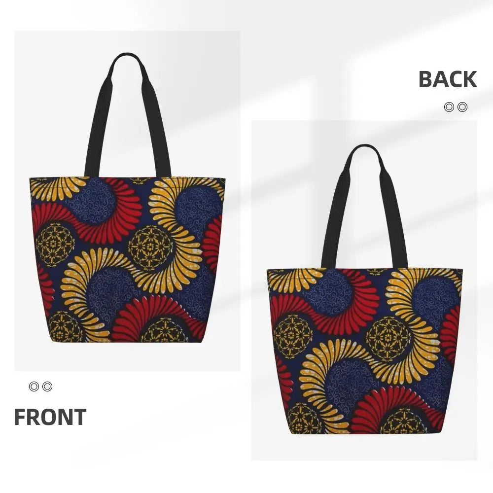 African Ankara Prints Grocery Shopping Tote Bags Women Geometric Ethnic Art Canvas Shoulder Shopper Bags Big Capacity Handbag