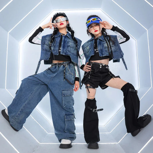 junior girls Hip hop Street Dance Jazz Clothes Set Vest Short hoodie Cagro Pants (short) Streetwear junior Child Kid outfits 170