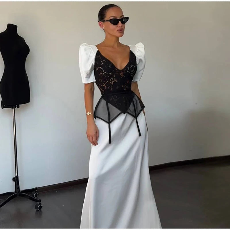 Lace Trim Satin Peplum Midi Dress Deep V-Neck Puff Sleeve A-Line 2026 Spring Summer Chic Elegant Romantic Women Cocktail Dress