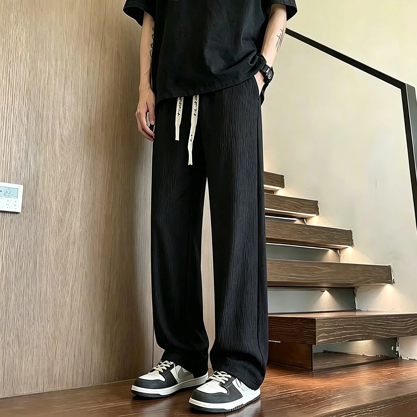 New Mens Wide Leg Pants Summer Loose Textured Casual Trousers Baggy Straight Relaxed Fit Streetwear Comfortable Pants
