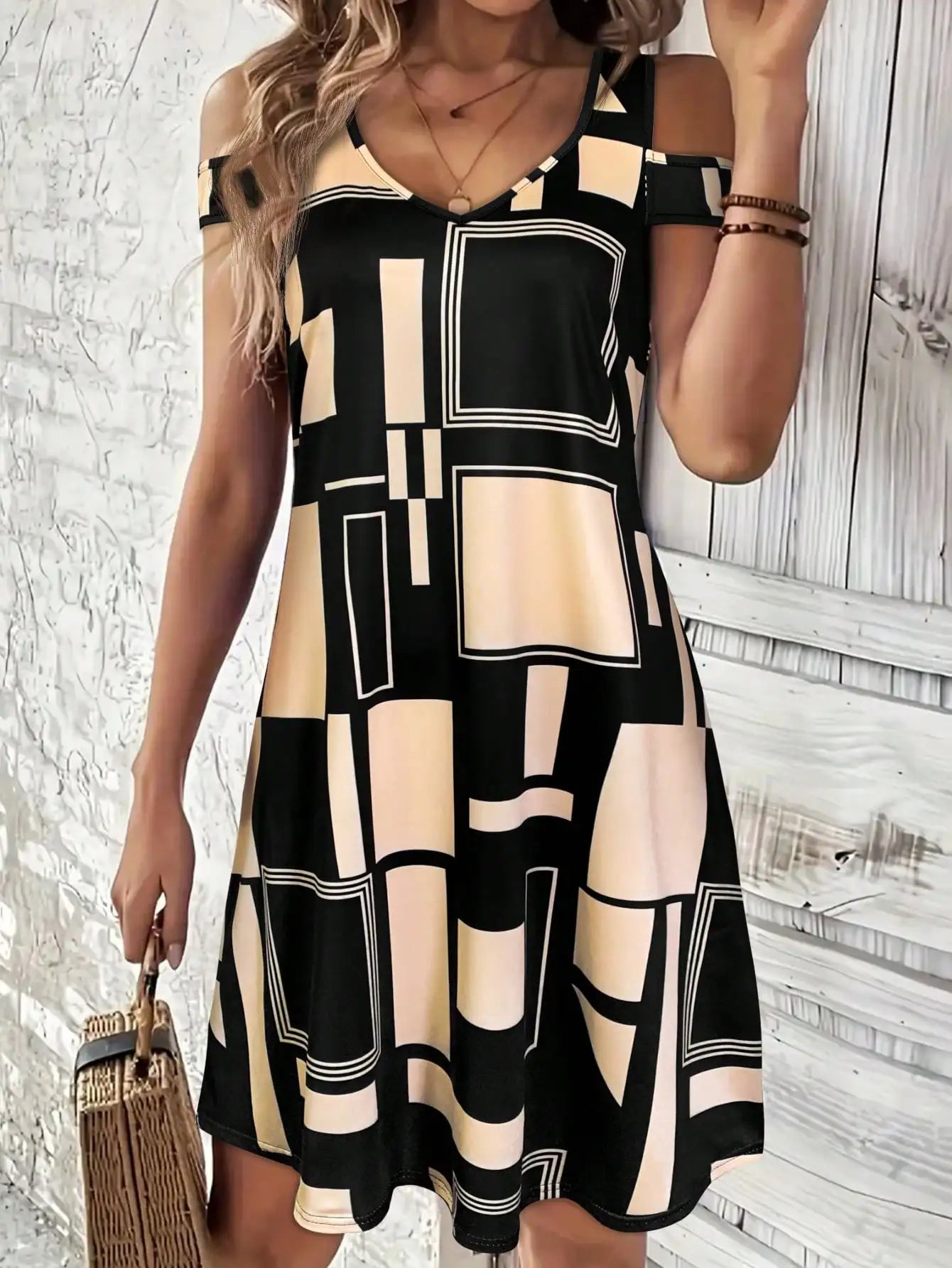 Summer Geometric Pattern Off-shoulder V-Neck Dress For Women,Casual Summer Sundress, Flowy Everyday Mini Dress