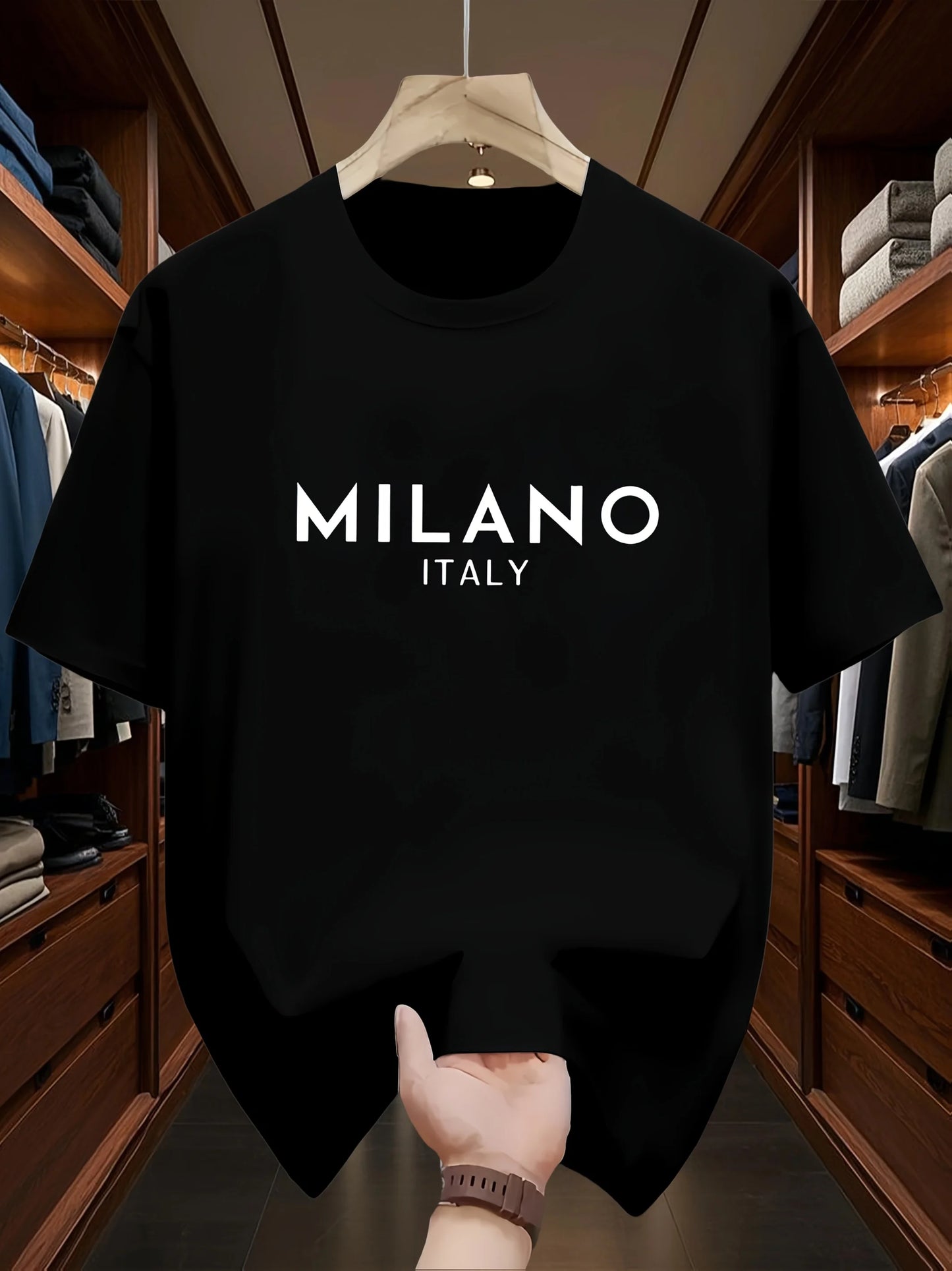 Men's 100% pure cotton fashionable casual loose Italian style Milan letter printed round neck short sleeved T-shirt top