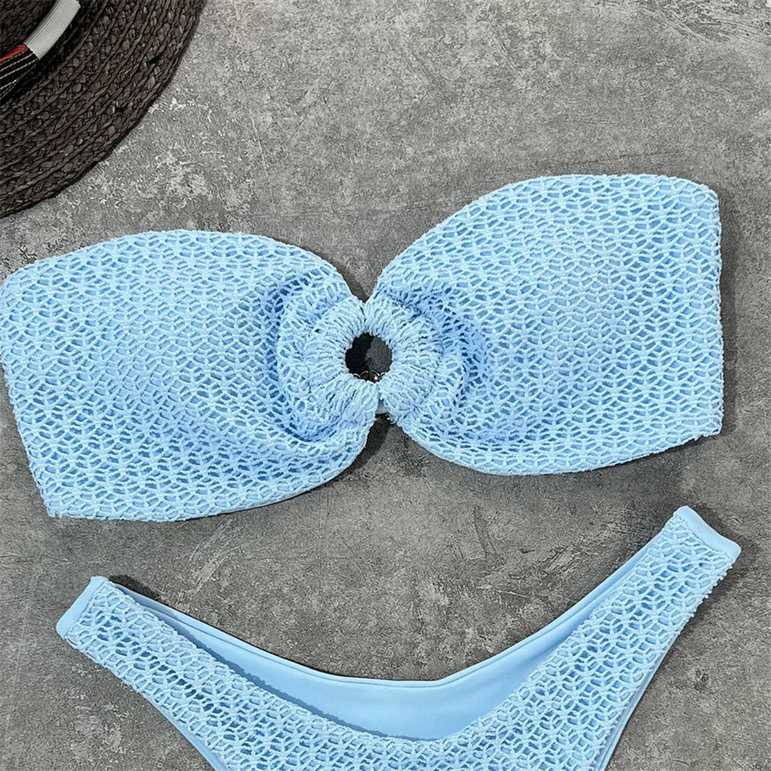 Wrinkled Bandeau High Cut Bikini Women Swimwear Female Swimsuit Two-pieces Bikini set Strapless Bather Bathing Suit Swim V3367