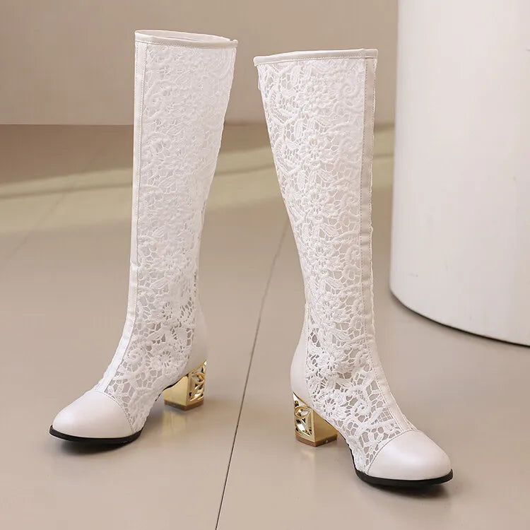 Vintage Hollow Embroider Mesh Surface Knee Length Women's Boot  5.5cm Thick Heel Fashion Women's Boot 34-47 Summer Cool Boots