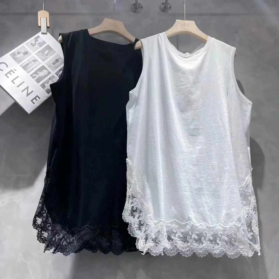 White Tanks Women Solid Lace Sleeveless Loose Tops Leisure Daily Korean Fashion Ins Harajuku Summer Simple 3XL Trendy Basics