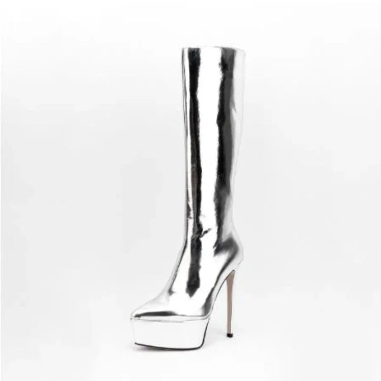 New Women Knee High Boots Patent Leather Pointed 15cm High Heels Winter Short Plush Waterproof Platform Girl Boots Large 34-45
