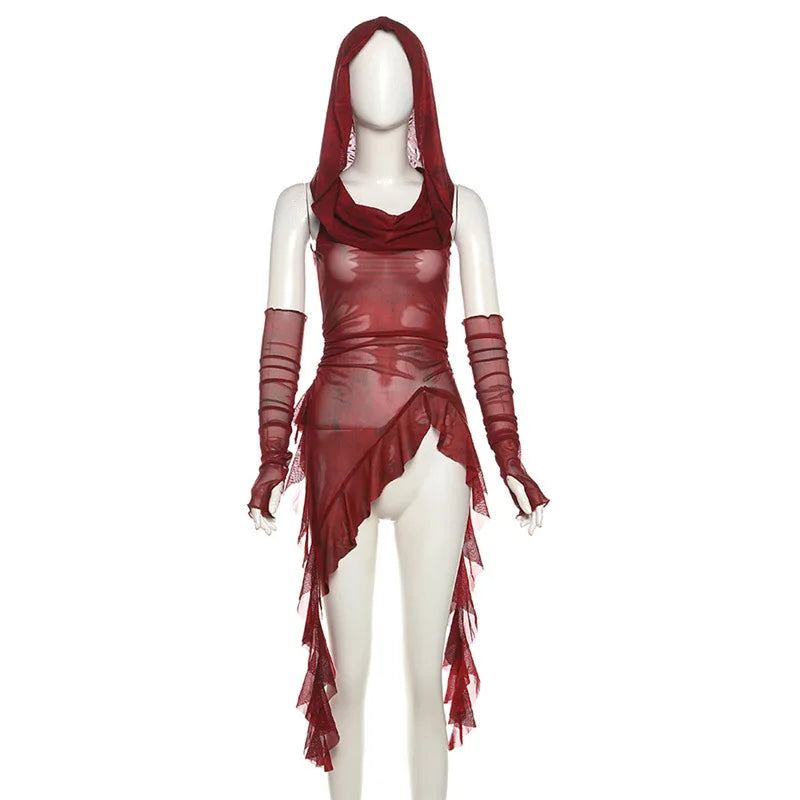 Streetwear 90s Grunge Mesh See Through Hooded Tops Cyber Y2K Irregular Hem Ruffles Hoodie Women Slim Blouse with Cuffs