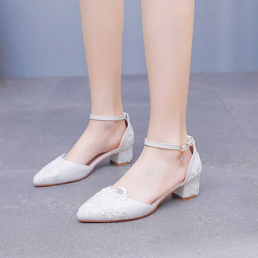 White Lace Wedding Shoes Thick Flower High Heels Women Bridal With Low Mouth Buckle 7CM Sandals Pumps