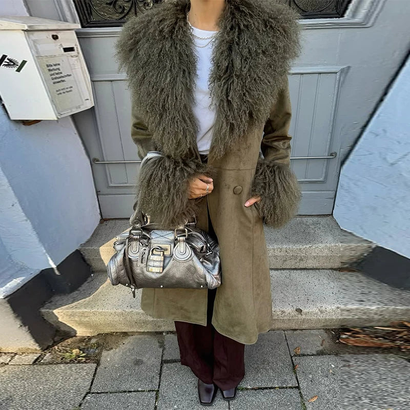 Vintage Patchwork Women's Faux Fur Trim Coat Urban Lapel Full Sleeve Female Jacket Female 2026 Autumn Winter Lady Streetwear New