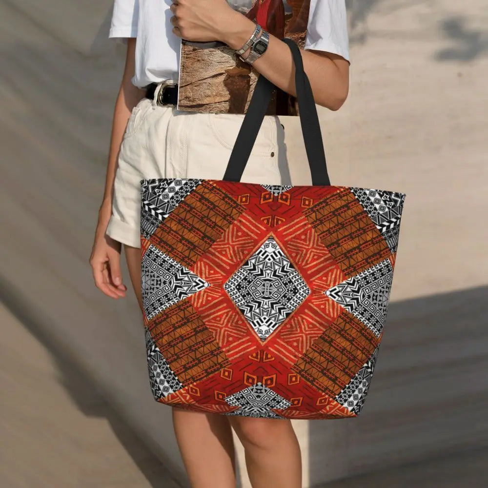 African Ankara Prints Grocery Shopping Tote Bags Women Geometric Ethnic Art Canvas Shoulder Shopper Bags Big Capacity Handbag