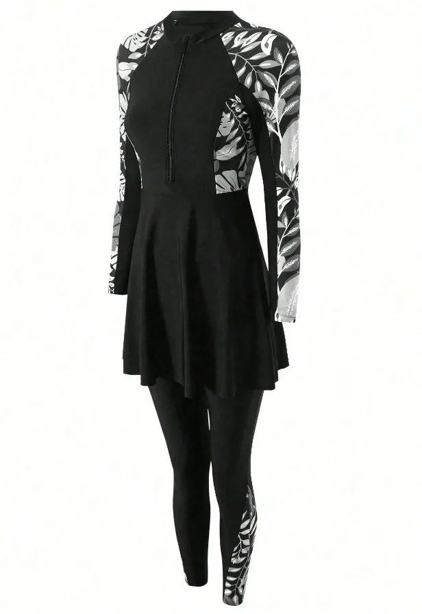 Burkini Femmes Swimwear Long Sleeve Black Tunic Swimsuit Full Leggings Front Zipper Swimming Suit Sun Protection Two Piece