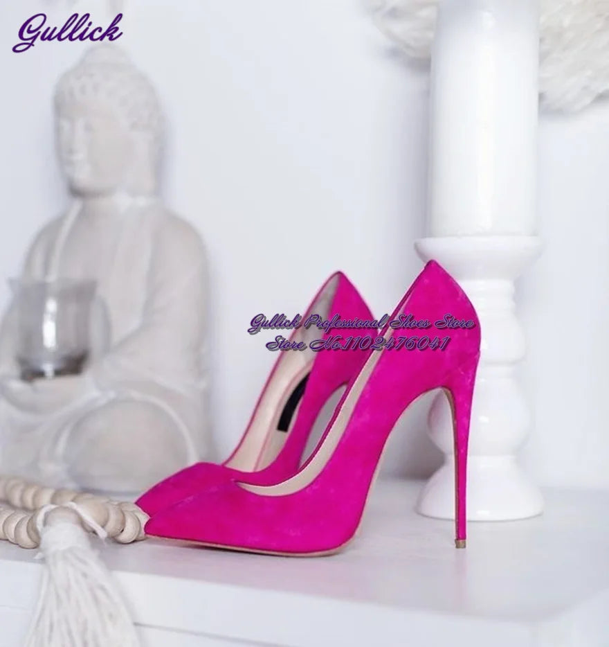 Gullick Women Hot Pink Suede High Heel Shoes 12Cm 10Cm 8Cm Stilettos Slip-On Pointed Toe Wedding Shoes Shallow Pumps Size45