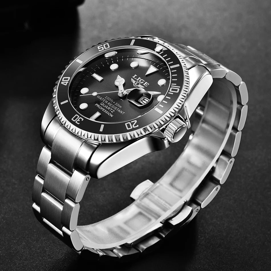 LIGE Top Original Men Quartz Watches Blue Waterproof Watch for Men Stainless Steel Quartz Men Luxury Watch Luminous Wristwatch